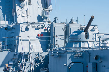 naval military background, concept, fragment of a modern warship with a gun turret