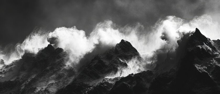 Colossal avalanche rolling across jagged cliffs, clouds of ice dust trailing behind, cold air shimmering under harsh sunlight, mountain wildness redefined