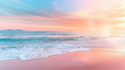 Fototapeta premium A tranquil beach at sunset with pastel-colored skies and gentle waves, Coastal setting with serene ambiance, Pastel style