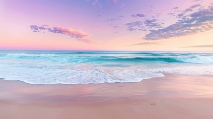 Obraz premium A tranquil beach at sunset with pastel-colored skies and gentle waves, Coastal setting with serene ambiance, Pastel style