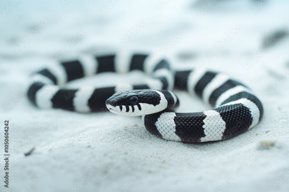 Poster a close-up view of a snake lying on a sandy surface, with detailed texture and pattern