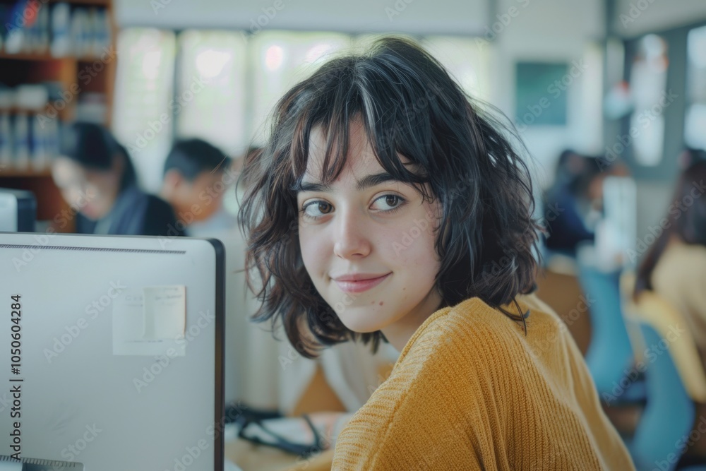 Poster a woman sitting in front of a computer monitor with a focused expression