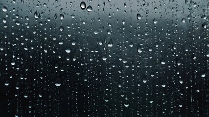 rain-soaked window glistens with tiny droplets cascading down its surface, blurring the view of a distant streetlight, which casts a warm, golden glow amidst the gloomy, overcast evening