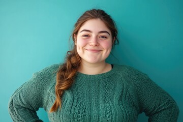 A woman with long hair wearing a green sweater, simple and casual outfit