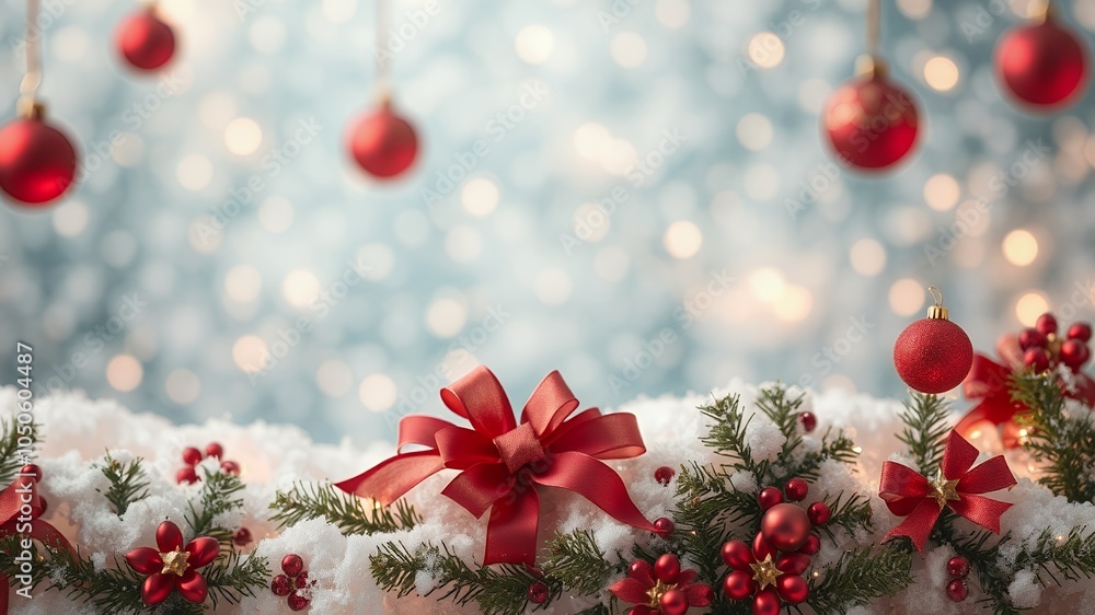 Wall mural Red Christmas ornaments hang against a bokeh background of twinkling lights.