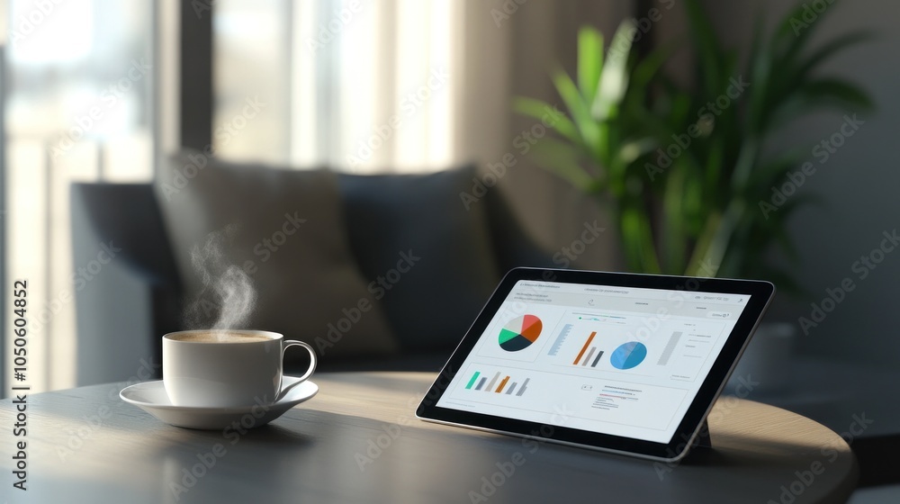 Poster a cozy workspace with a steaming coffee cup and a tablet displaying colorful data charts.