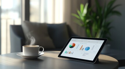 A cozy workspace with a steaming coffee cup and a tablet displaying colorful data charts.