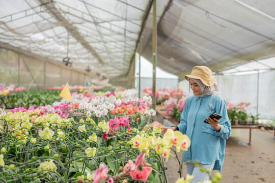 A woman peacefully appreciates the beauty of flowers in a vibrant, lifefilled greenhouse