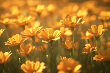 Obraz premium Sunlit yellow flowers in a green meadow, suitable for use as a background or illustration