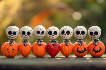 Obraz premium Small pumpkins with spooky skeleton designs, great for Halloween or autumn-themed images