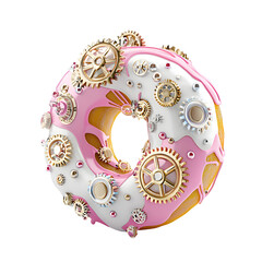A whimsical donut adorned with steampunk gears and decorations, featuring pink and white icing on a vibrant yellow base.