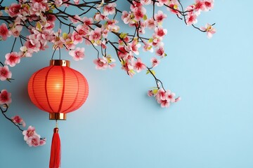 Red lantern and blooming cherry blossoms on a textured teal background