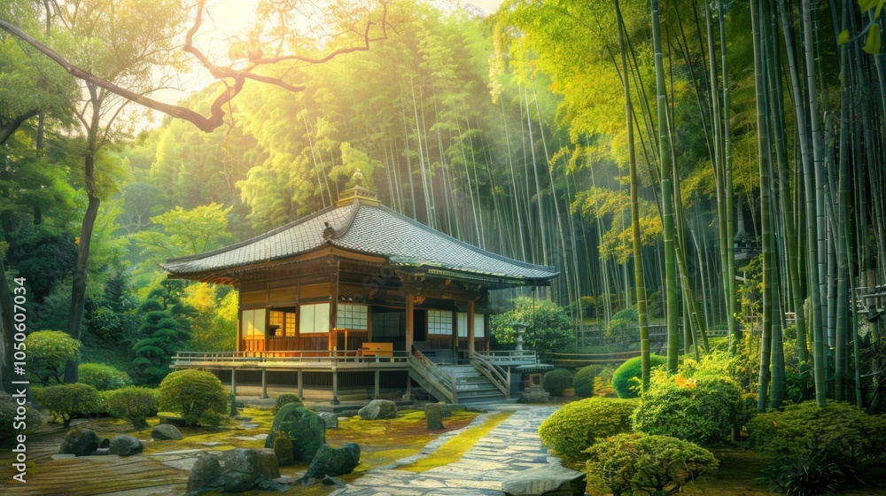 Aufkleber a tranquil buddhist temple surrounded by lush bamboo forest in kyoto, serene setting with soft ambie
