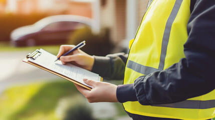 Home maintenance service worker holding clipboard in home interior, copy space
