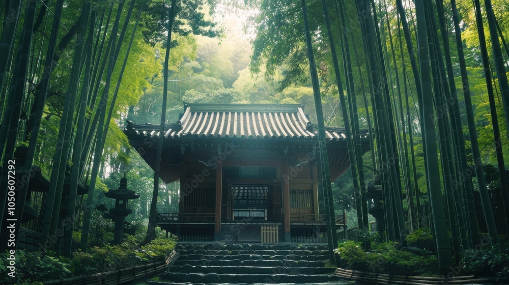 Aufkleber a tranquil buddhist temple surrounded by lush bamboo forest in kyoto, serene setting with soft ambie