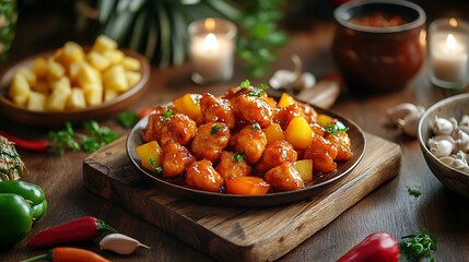 A rustic kitchen scene with sweet and sour chicken bites served on a wooden chopping board, surrounded by fresh ingredients like bell peppers, garlic, and pineapple,