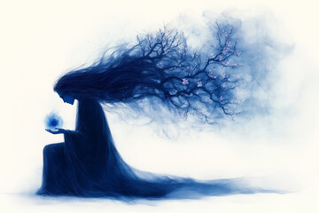 Fototapeta premium Chinese flower ink. Mystical figure with flowing hair holding glowing orb in dark blue dreamlike atmosphere, digital art