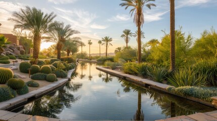 Obraz premium A tranquil desert oasis with palm trees and a serene reflecting pool, peaceful setting with warm tones, Desert style