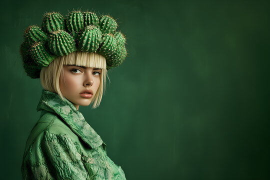Glamorous model in a trendy modern green hat on a green background. Surreal portrait of a young girl in a hat in the shape of a katus. Advertising banner for a creative clothing store.