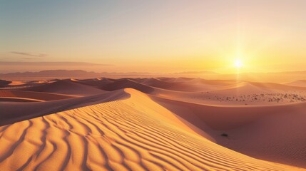 A tranquil desert sunrise with expansive sand dunes and soft golden light casting long shadows, peaceful setting with warm tones, Desert Sunrise style