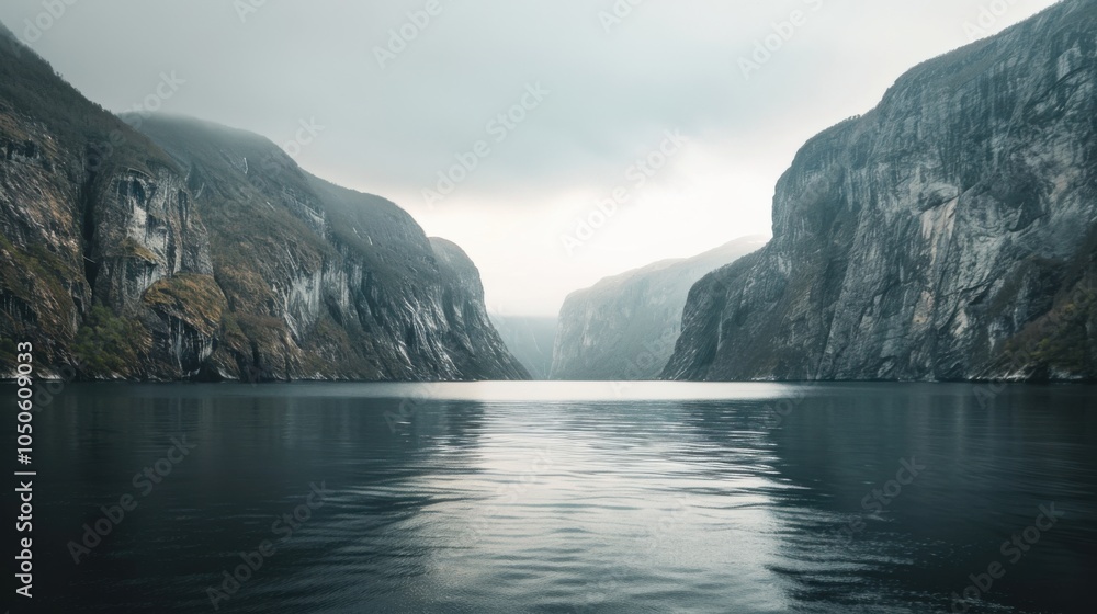 Poster a tranquil fjord with calm, reflective waters and steep, towering cliffs