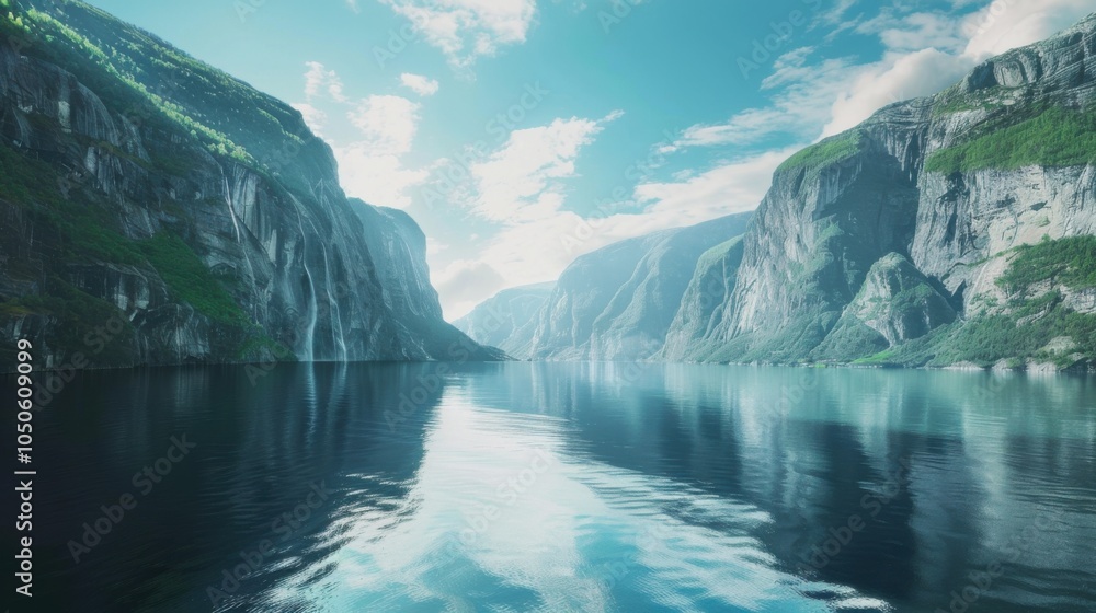 Poster a tranquil fjord with calm, reflective waters and steep, towering cliffs