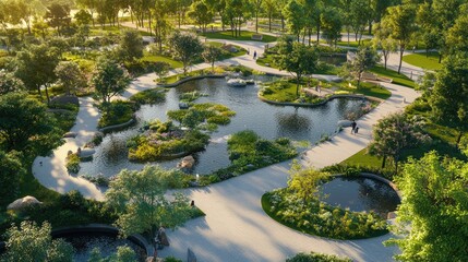 Fototapeta premium A peaceful park with a wide water feature, including small ponds and interconnected streams, surrounded by walking paths and vibrant greenery.