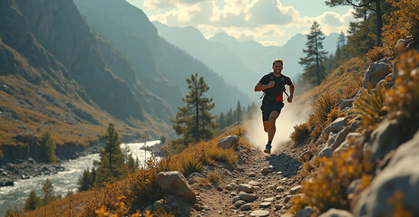 Trail running in the mountains, 16:9 widescreen, 300 dpi, with free space for text