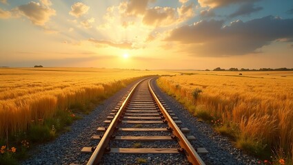 Obraz premium Scenic railway tracks in golden wheat field under summer sky