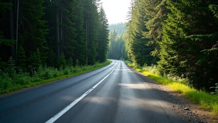 Obraz premium Serene forest road bordered by tall spruce trees under dappled sunlight