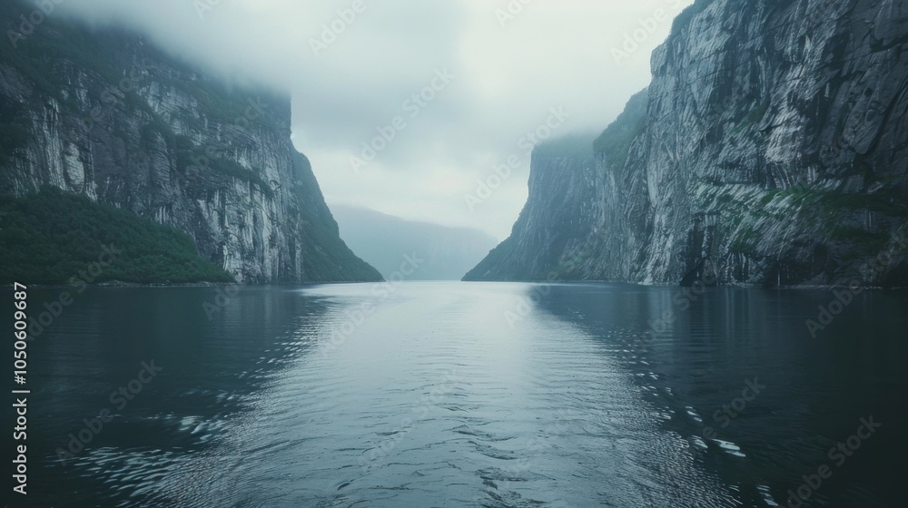 Poster a tranquil fjord with calm, reflective waters and steep, towering cliffs