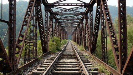 Rusty railway bridge over gorge reclaimed by nature