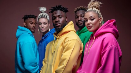 Vibrant Hoodie Crew: Diverse group of stylish models in colorful hoodies, showcasing urban fashion and individuality 