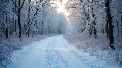 Naklejka premium Winter wonderland Snowy path through icy forest with frost covered trees and sparkling icicles