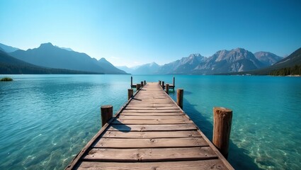 Naklejka premium Serene mountain lake scene with rustic wooden pier