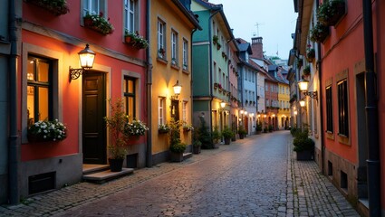 Fototapeta premium Charming cobblestone street with colorful buildings flower boxes and street lamps at dusk