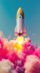 Vibrant Rocket Launch with Colorful Smoke Against Blue Sky