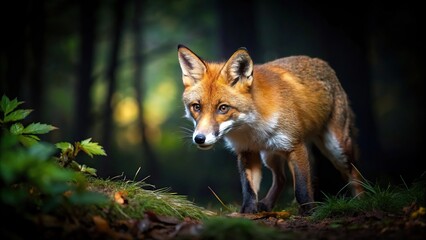A red fox stalking its prey in a forest at night, forest ecosystem, sharp claws