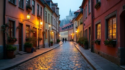 Obraz premium Charming cobblestone street with colorful buildings flower boxes and street lamps at dusk
