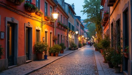 Obraz premium Charming cobblestone street with colorful buildings flower boxes and street lamps at dusk