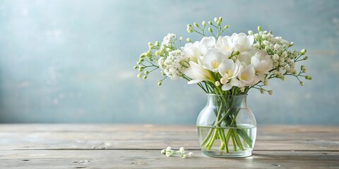 A posy of white freesias and baby's breath in a clear glass vase, clear glass vase, funeral flowers, death, condolences