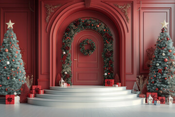 A red room with a white staircase and a wreath on the door