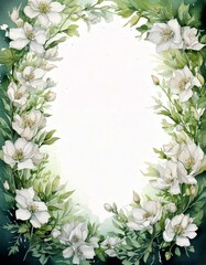 Fototapeta premium watercolor of beautiful white flowers with green leaves with empty copy space in the middle