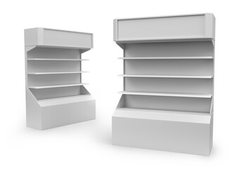 Obraz premium Supermarket Promotional Display Rack, Empty Product Display, PDQ Display Box With Two Different View, Floor Stand Display. 3D Render Illustration. 