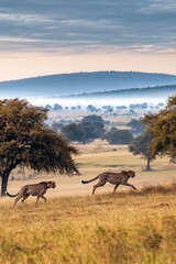 Fototapeta premium Two cheetahs running across a savanna with trees and hills in background. African wildlife.