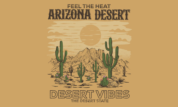 Desert vibes artwork design for sticker, poster, background, fashion and others. Mountain artwork. Cactus tree vector design. Sunshine artwork. Arizona vintage print design for t shirt.