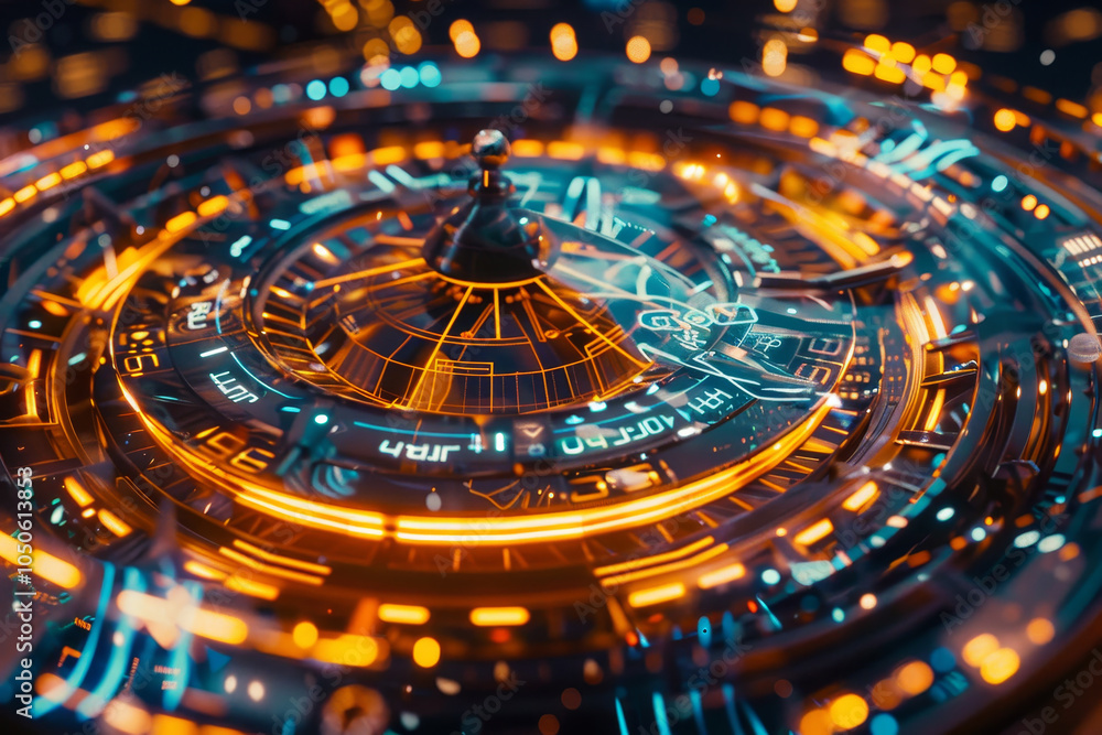 Poster the detailed design of a mechanical timepiece captures vibrant colors and glowing circuitry, highlig