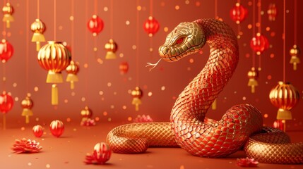 Obraz premium gold snake with red accents, symbolizing Chinese New Year 2025 . ai generated
