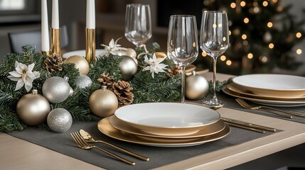 Festive Christmas table, golden plates, silver ornaments, greenery, holiday magic