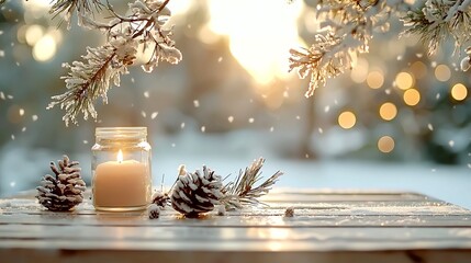 Frosty Christmas table, snowdusted pine branches, cozy candlelight, winter vibe